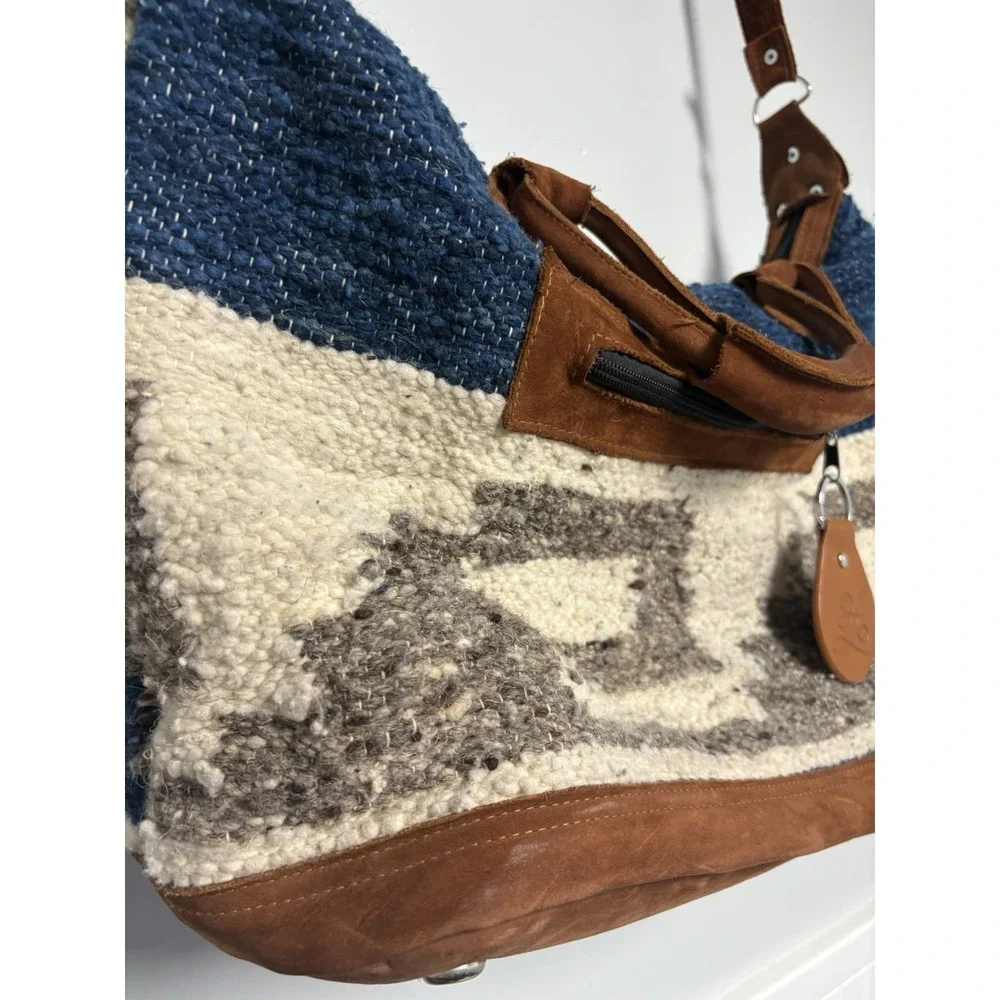 Humble Hilo Leather Wool Boho Satchel Crossbody Bag Cream Blue Gray‎ Purse